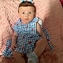 Payton is registered to the contest to win money with this photo: baby, child, blue_bow, blue_dress, checkered_pattern, cherries, pink_blanket, sitting, cute, infant, soft_texture, legs, socks, curious_expression, indoors, portrait, clothing, person, face, hair