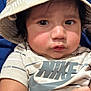 baby, child, face, hat, bucket_hat, clothing, nike, tshirt, arm, skin, cute, portrait, closeup, indoor, person, expression, young, infant, curious, wearing