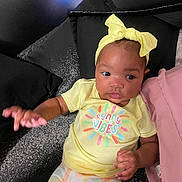 Malani is registered to the contest to win money with this photo: baby, child, yellow_shirt, headband, pillow, patterned_pants, indoor, cute, infant, person, portrait, colorful_clothing, relaxing, hand, face, expression, comfort, soft_surface, young_child, lying_down
