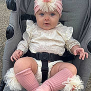 Joy Tribolet participe au concours pour gagner de l'argent avec cette photo : baby, child, stroller, pink_headband, flower_accessory, blue_eyes, cream_lace_outfit, knee_high_socks, tulle_flower, curious_expression, outdoor, infant, cute, soft_texture, sitting, baby_clothing, closeup, portrait, small_hands, baby_face