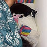 Memow is registered to the contest to win money with this photo: bed, black_and_white_cat, blanket, blue, cat, child, colorful, cozy, curly_hair, cute, furniture, indoors, peaceful, pink, plush_toy, resting, sleeping, soft_toy, unicorn, white