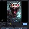cat, monster, illustration, digital_art, creature, eyes, teeth, dripping, dark_background, fur, whiskers, open_mouth, tongue, horror, fantasy, scary, portrait, face, expression, fictional