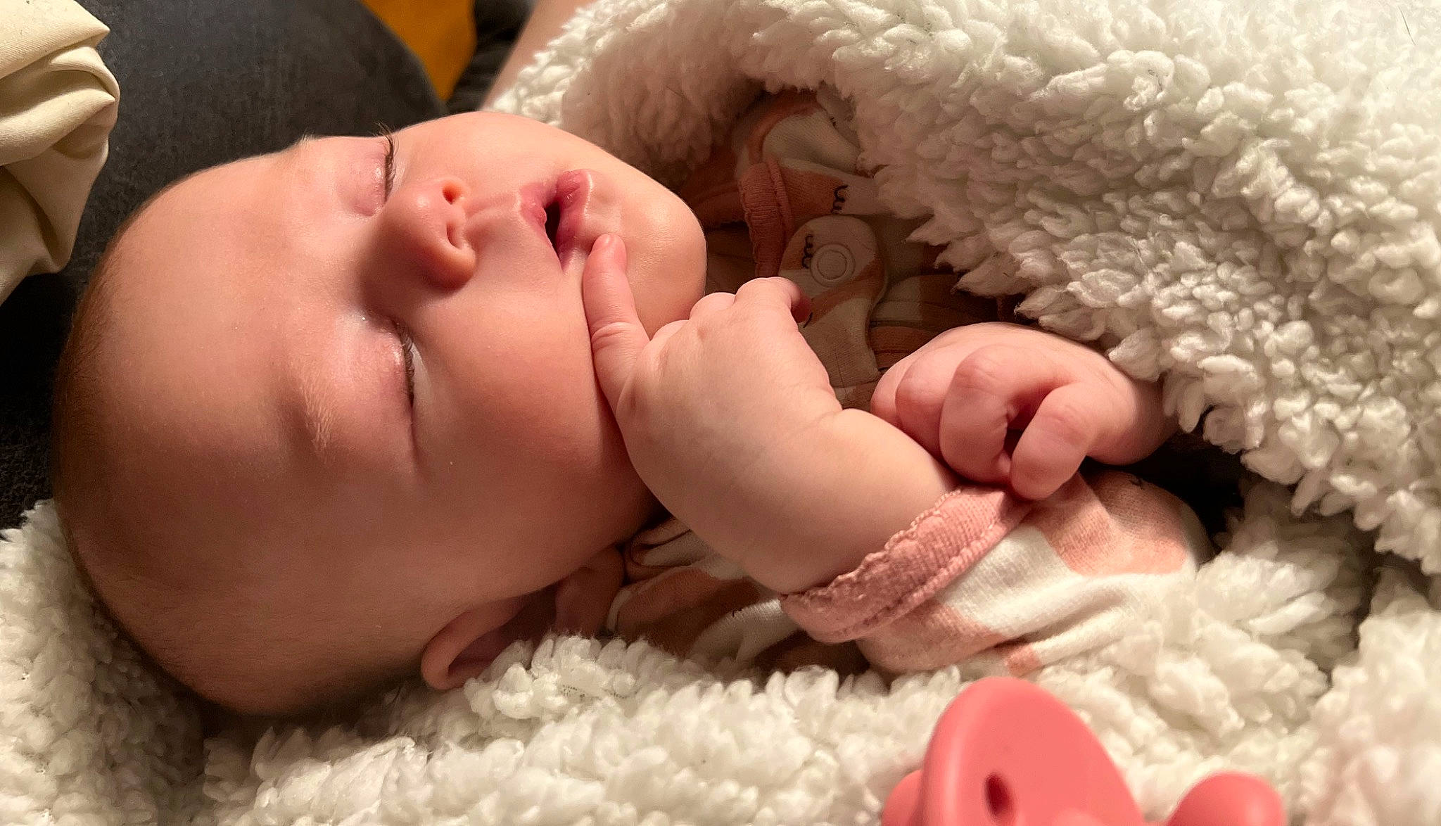 Novalee is registered to the contest to win money with this photo: baby, baby_sleeping, baby_toddler_clothing, bedtime, cheek, child, close_up, comfort, eyelash, finger, gesture, hand, linens, nail, person, pink, skin, textile, thumb, toddler