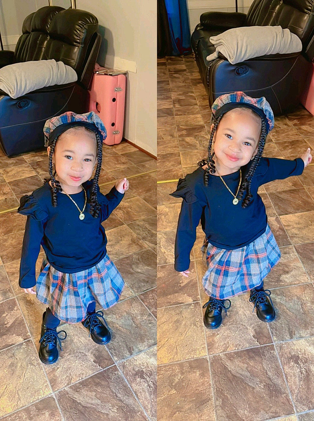 Alaiyah joined the competition — help win amazing prizes! azure, baby, baby_toddler_clothing, blue, chair, child, facial_expression, floor, flooring, hairstyle, happy, human, joy, outerwear, people, person, product, purple, sleeve, standing