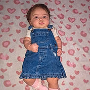 Elliana joined the competition — help win amazing prizes! baby, child, infant, girl, portrait, lying_down, smiling, face, denim, overalls, pink_socks, blanket, hearts, indoor, facebook, screenshot, social_media, clothing, cute, photography