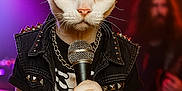 Clifford is registered to the contest to win money with this photo: cat, rockstar, microphone, sunglasses, studs, vest, tattoo, stage, guitarist, lights, performance, music, concert, animal, costume, chain, black_clothing, tattooed, hand, closeup