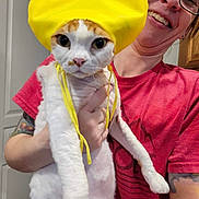 Clifford is registered to the contest to win money with this photo: cat, person, yellow_hat, indoor, smiling, red_shirt, tattoo, glasses, white_cat, orange_spots, holding, playful, funny, closeup, face, pet, costume, portrait, human, home