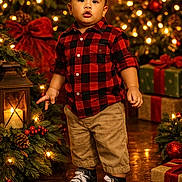 Dereck is registered to the contest to win money with this photo: toddler, child, christmas, holiday, festive, lights, presents, lantern, red_shirt, plaid, pants, sneakers, indoors, decorations, pinecones, berries, tree, smiling, standing, floor