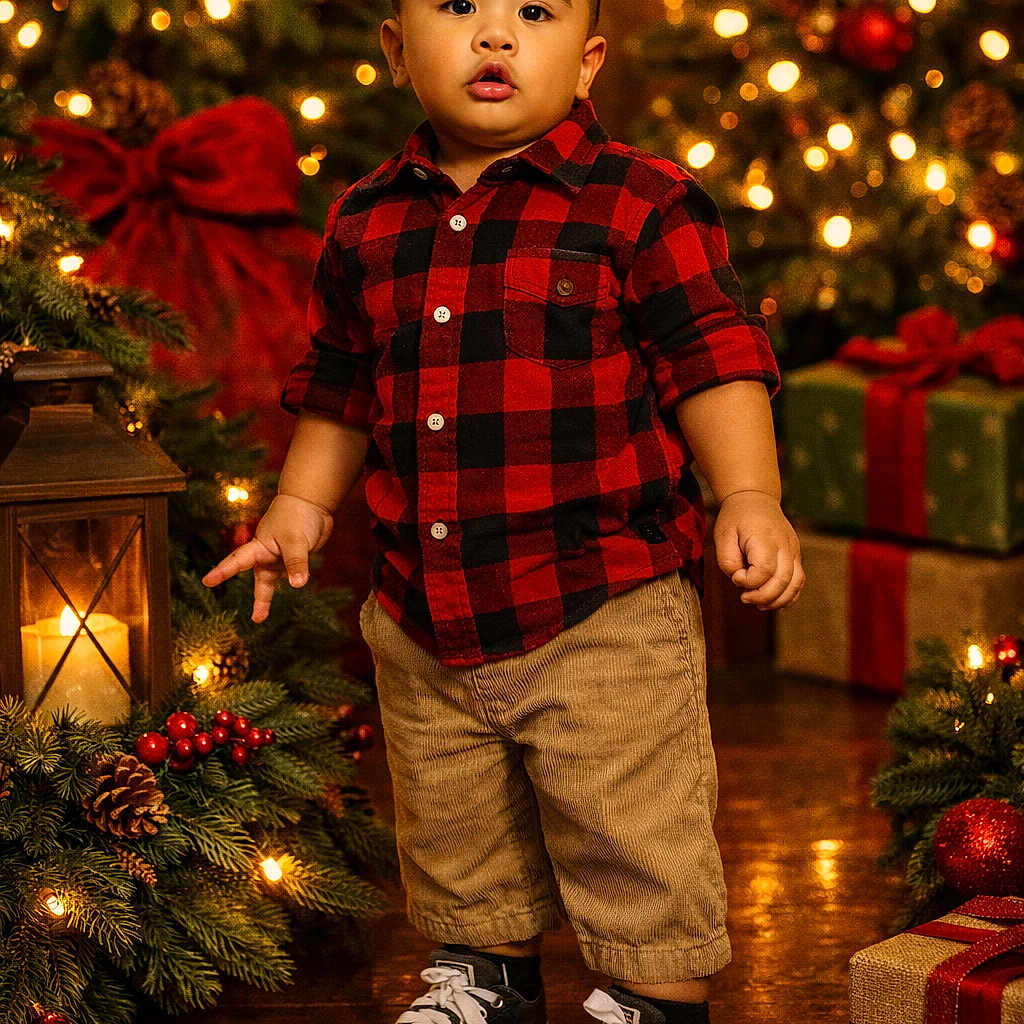Dereck is registered to the contest to win money with this photo: berries, child, christmas, decorations, festive, floor, holiday, indoors, lantern, lights, pants, pinecones, plaid, presents, red_shirt, smiling, sneakers, standing, toddler, tree