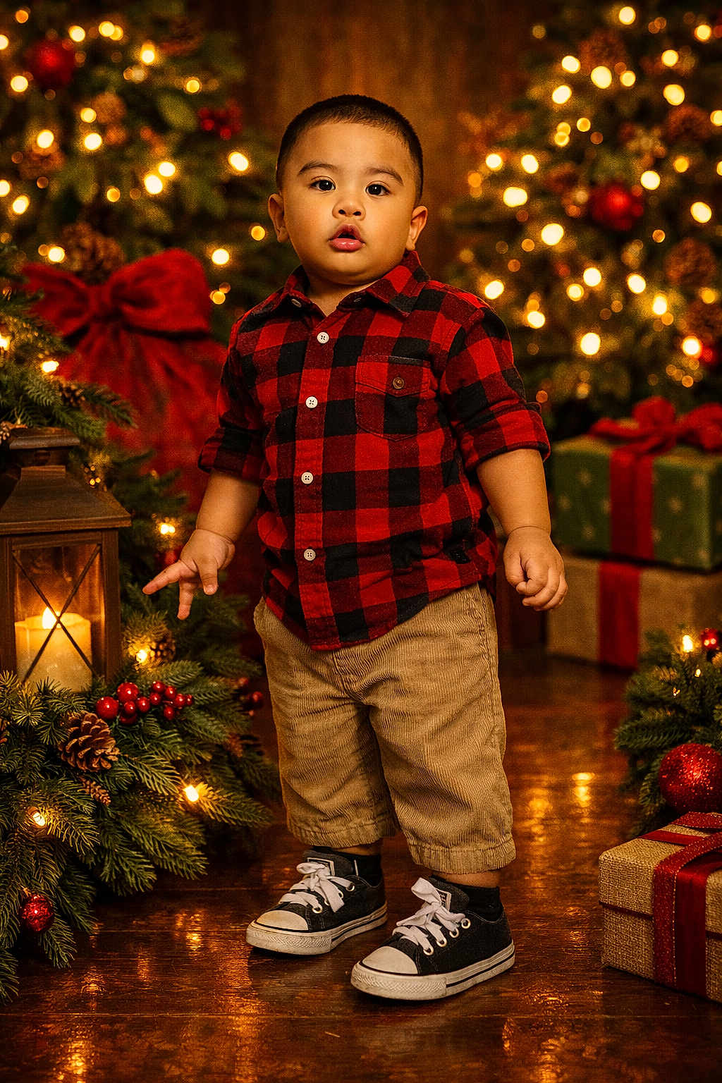 Dereck is registered to the contest to win money with this photo: toddler, child, christmas, holiday, festive, lights, presents, lantern, red_shirt, plaid, pants, sneakers, indoors, decorations, pinecones, berries, tree, smiling, standing, floor