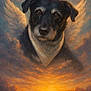 angel_wings, artistic, bandana, black_fur, brown_eyes, clouds, dog, floating, glowing, heavenly, majestic, painting_style, peaceful, portrait, serene, sky, soft_light, spiritual, sunset, warm_colors
