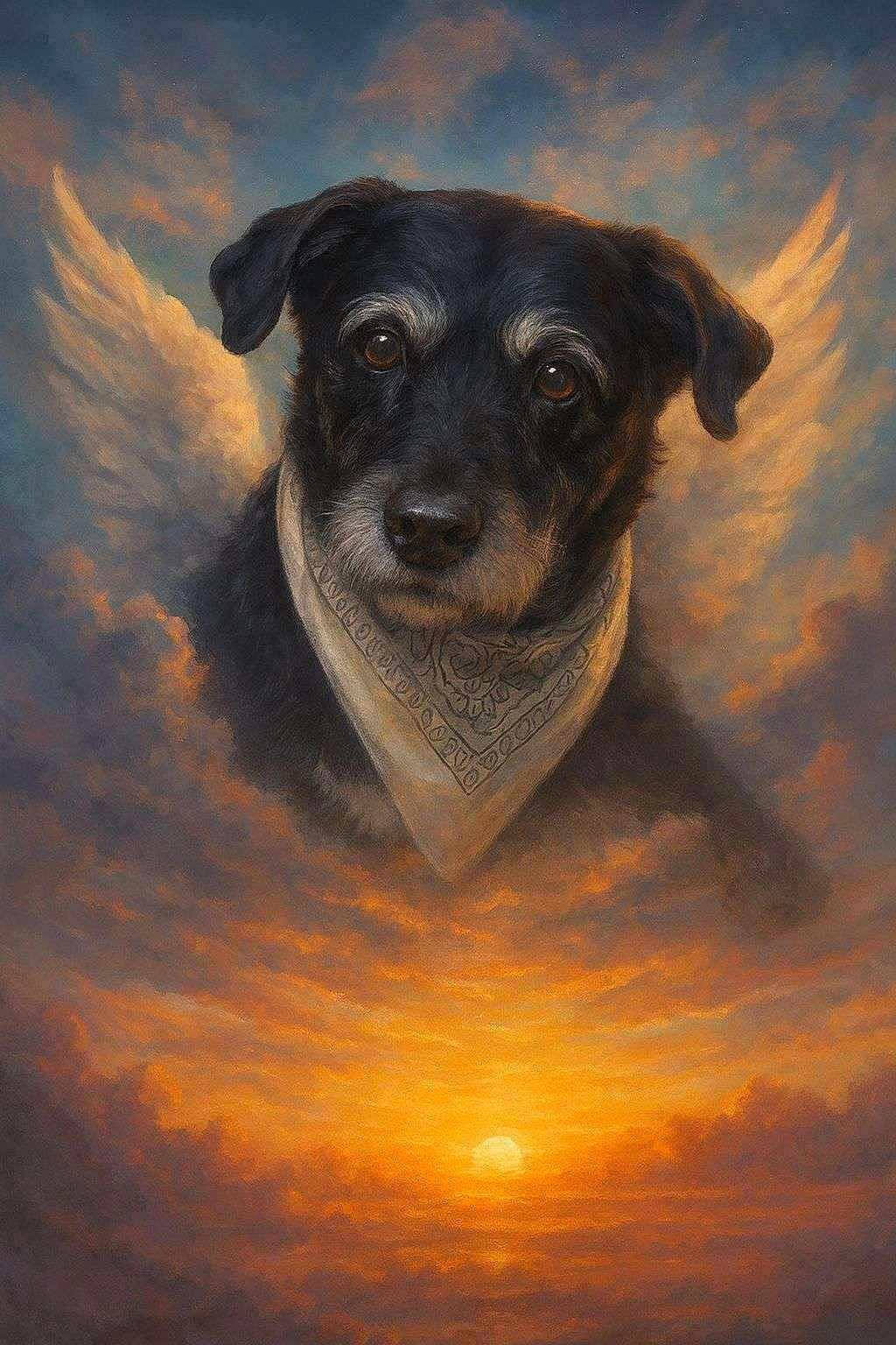 Gueulle a rejoint le concours — aidez-le/la à gagner de superbes lots ! angel_wings, artistic, bandana, black_fur, brown_eyes, clouds, dog, floating, glowing, heavenly, majestic, painting_style, peaceful, portrait, serene, sky, soft_light, spiritual, sunset, warm_colors