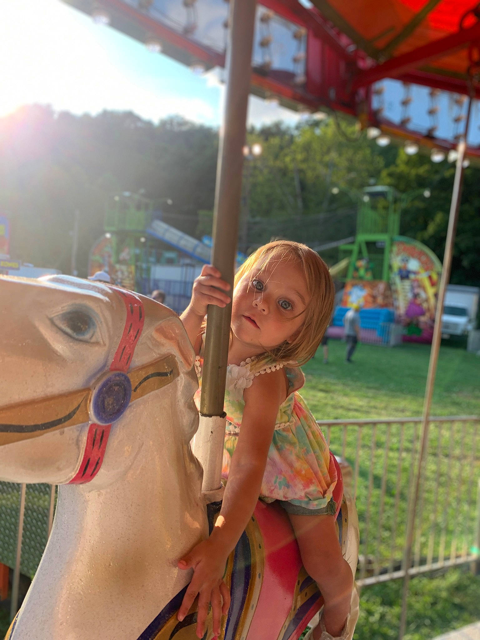Amelia joined the competition — help win amazing prizes! amusement_park, amusement_ride, carousel, child, city, event, fun, happy, leisure, nonbuilding_structure, outdoor_play_equipment, person, plant, playground, public_event, recreation, shorts, sky, summer, tree