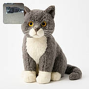 Koda Bear joined the competition — help win amazing prizes! cat, plush_toy, gray_cat, white_paws, yellow_eyes, carpet, indoor, pet, stuffed_animal, fluffy, whiskers, sitting, closeup, background, feline, toy, domestic_animal, soft_texture, real_cat, comparison
