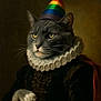 cat, gray_cat, portrait, vintage_clothing, ruffled_collar, party_hat, rainbow_hat, costume, animal_portrait, aristocratic, dark_background, solemn, feline, whiskers, ears, yellow_eyes, fur, indoor, closeup, majestic