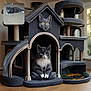 Koda Bear joined the competition — help win amazing prizes! cat, gray_cat, white_paws, cat_house, indoor, pet, feline, relaxed, carpet, small_inset_photo, multi_level, cat_tower, window, daylight, wood_floor, decor, animal, cute, sitting, portrait