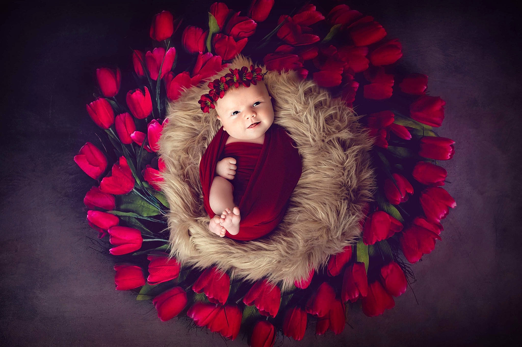 Teyla participe au concours pour gagner de l'argent avec cette photo : artificial_flower, baby, carmine, child_model, christmas, costume_accessory, creative_arts, cut_flowers, fictional_character, floral_design, fur, headwear, heart, holiday, love, natural_material, person, petal, pink, red