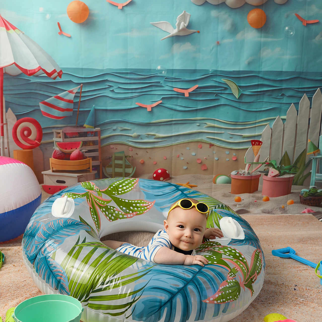 Kris participe au concours pour gagner de l'argent avec cette photo : baby, background, beach_ball, beach_toys, bucket, child, colorful, decorations, indoor, inflatable_ring, mushroom, picket_fence, play_area, playtime, sand, shovel, smiling, sunglasses, toys, umbrella