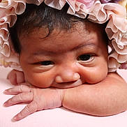 Vivianna joined the competition — help win amazing prizes! baby, infant, face, flower_crown, pink, skin, hand, cute, portrait, closeup, soft_texture, newborn, resting, adorable, child, headwear, floral, expression, young, person