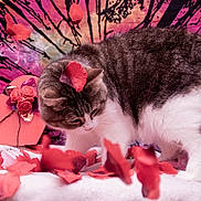 Amnesia participe au concours pour gagner de l'argent avec cette photo : cat, petals, heart, pink, white, gray, striped, fluffy, soft, decor, background, fabric, flowers, cozy, indoor, cute, animal, feline, playing, curious