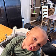 Charles Young is registered to the contest to win money with this photo: baby, child, infant, high_chair, kitchen, dining_room, table, chair, refrigerator, microwave, dog, pet, green_shirt, portrait, indoors, sitting, wide_eyes, open_mouth, funny_expression, home