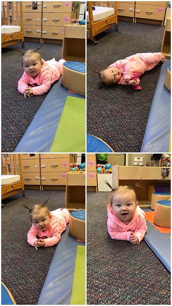 Kinsley joined the competition — help win amazing prizes! baby, baby_toddler_clothing, child, clothing, comfort, facial_expression, grass, green, mammal, pattern, person, photograph, pink, play, product, room, sleeve, snapshot, t_shirt, toddler