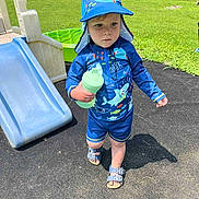 Adrian is registered to the contest to win money with this photo: child, toddler, boy, blue_clothing, hat, water_bottle, playground, slide, outdoor, summer, grass, sandals, sun_protection, sun_hat, shorts, play, young_child, sunny_day, expression, casual