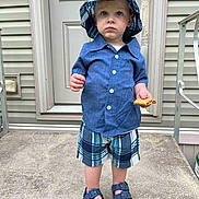 Adrian joined the competition — help win amazing prizes! blue_shirt, boy, button_up_shirt, child, concrete, cookie, curious_expression, door, footwear, front_door, hat, outdoor, plaid_hat, plaid_shorts, porch, sandals, standing, summer_clothes, toddler, young_child