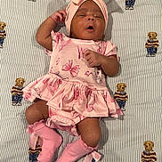 Devyn joined the competition — help win amazing prizes! adorable, baby, blanket, bow, child, cute, fashion, headband, indoor, infant, laying_down, newborn, peaceful, pink_clothing, portrait, sleeping, sock, soft_lighting, striped_blanket, teddy_bear
