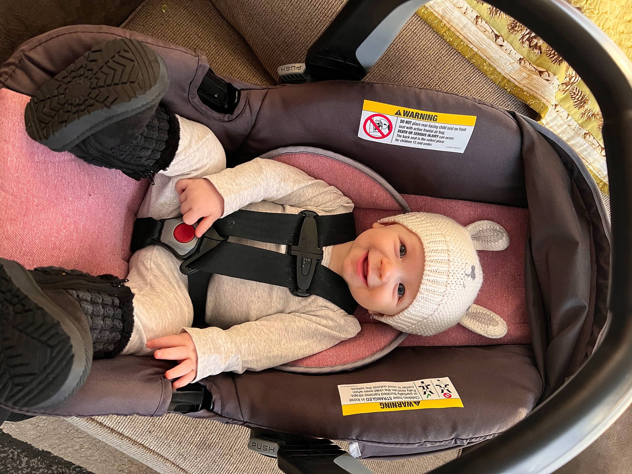Brynlee is registered to the contest to win money with this photo: auto_part, automotive_design, baby, baby_carriage, baby_in_car_seat, baby_products, baby_toddler_clothing, bag, car_seat, carmine, child, comfort, family_car, headwear, joy, lap, luxury_vehicle, motor_vehicle, person, toddler