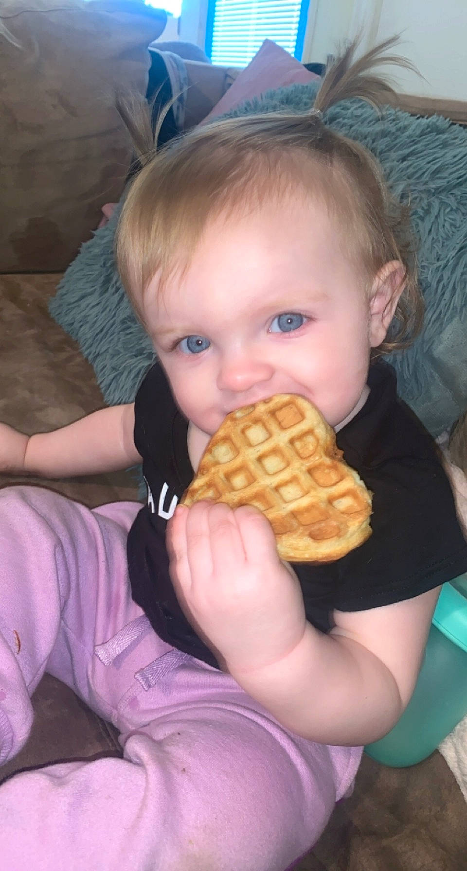 Scarlett joined the competition — help win amazing prizes! baby_toddler_clothing, blue, chair, child, comfort, cuisine, finger, finger_food, food, food_craving, fun, hand, junk_food, nail, orange, pattern, person, tableware, thumb, toddler