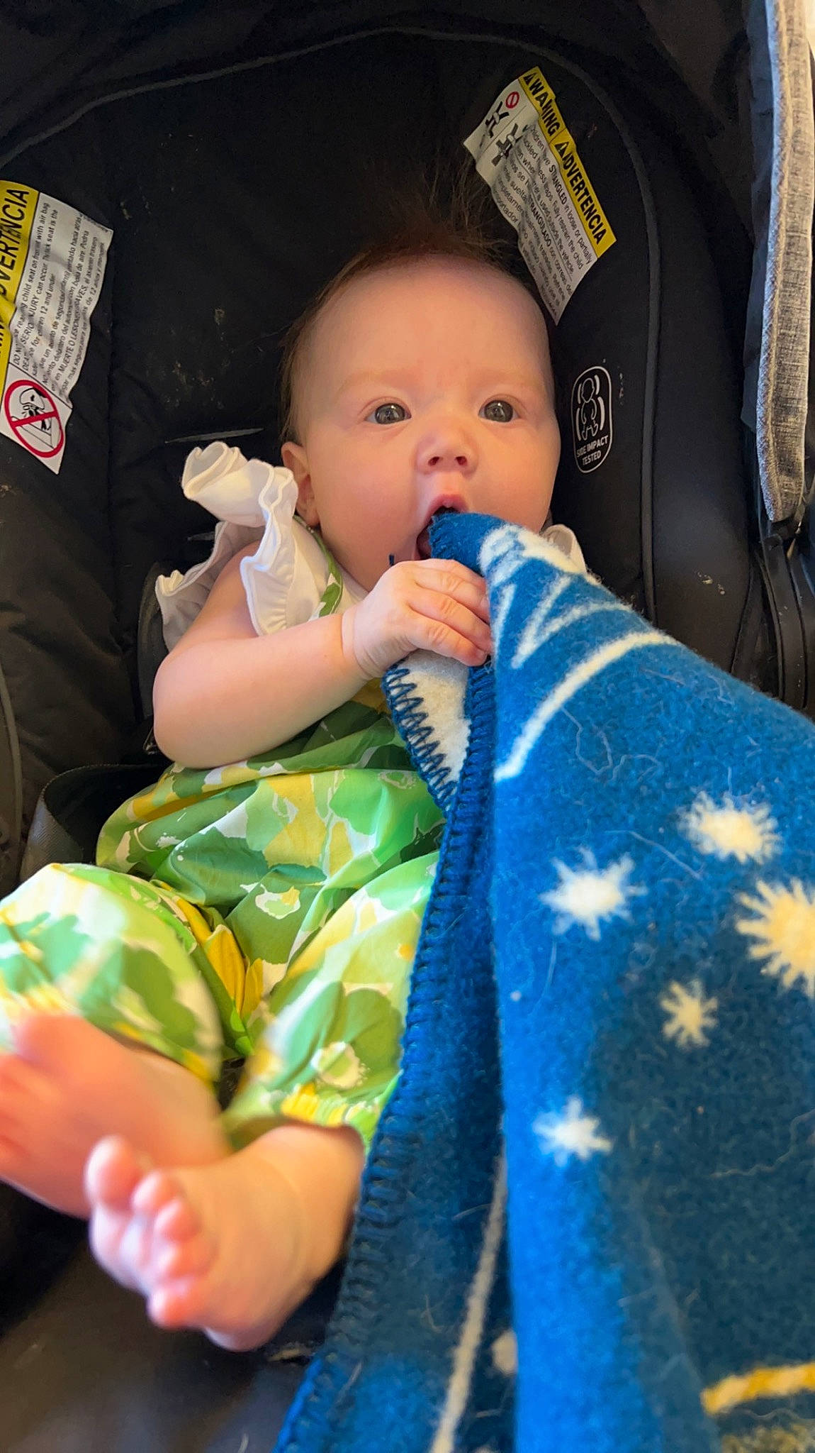 Ayla joined the competition — help win amazing prizes! baby, baby_products, baby_toddler_clothing, car_seat, cheek, child, comfort, electric_blue, eye, finger, fun, happy, linens, nail, person, room, sitting, skin, surprise, textile