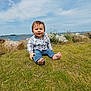 barefoot, casual_clothing, child, clouds, daytime, grass, greenery, jeans, nature, outdoor, person, plaid_shirt, relaxing, rocks, shoreline, sky, smiling, toddler, water, young_child