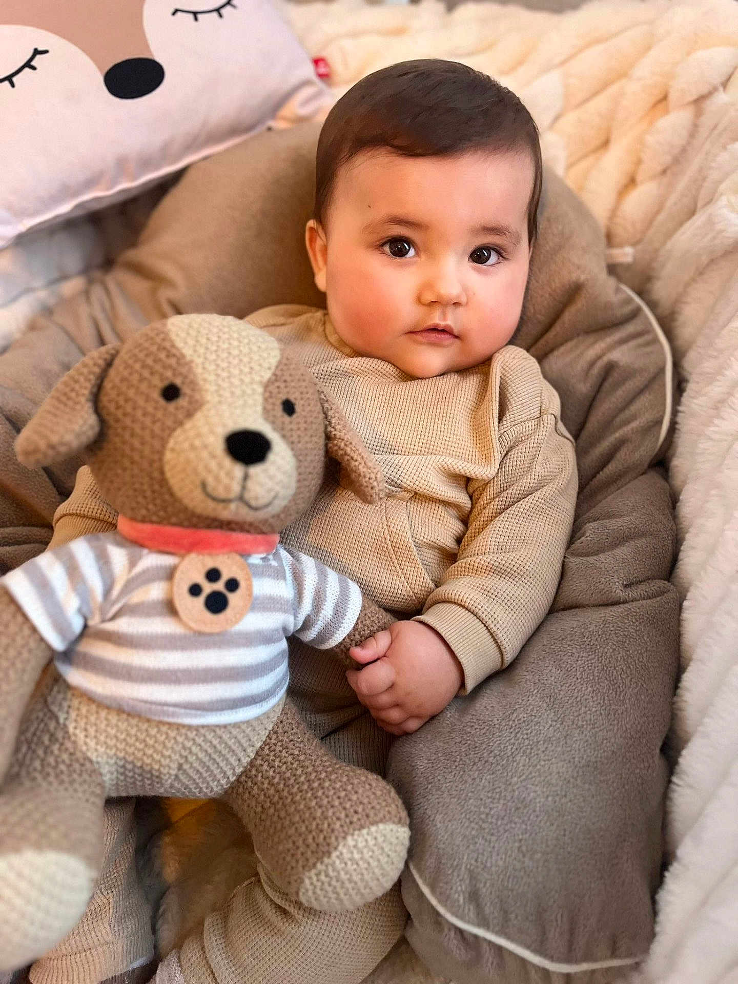 Vicente a rejoint le concours — aidez-le/la à gagner de superbes lots ! baby, child, plush_toy, knitted_dog, cushion, blanket, pillow, soft_toys, cute, indoors, childhood, portrait, infant, smiling, warm, cozy, baby_clothing, hand, face, sitting