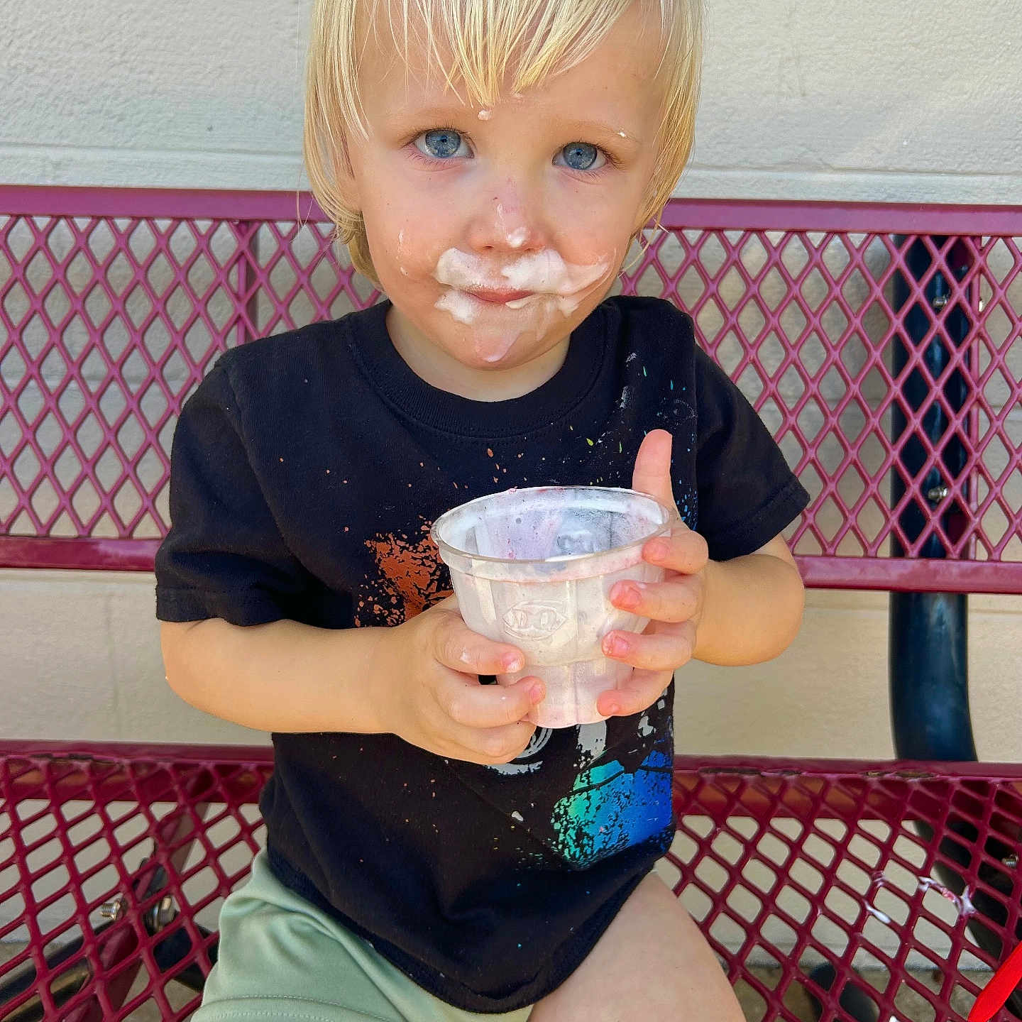 Hudson joined the competition — help win amazing prizes! blonde, bodypart, clothing, cream, cup, dessert, face, finger, food, furniture, hair, hand, head, icecream, person, photography, portrait, shorts, summer, t_shirt