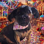 Tootsie joined the competition — help win amazing prizes! dog, puppy, pet, sitting, bandana, black_and_tan, floppy_ears, face, eyes, nose, fur, autumn, fall, fair, carnival, ferris_wheel, carousel, pumpkin_patch, candy_apples, colorful