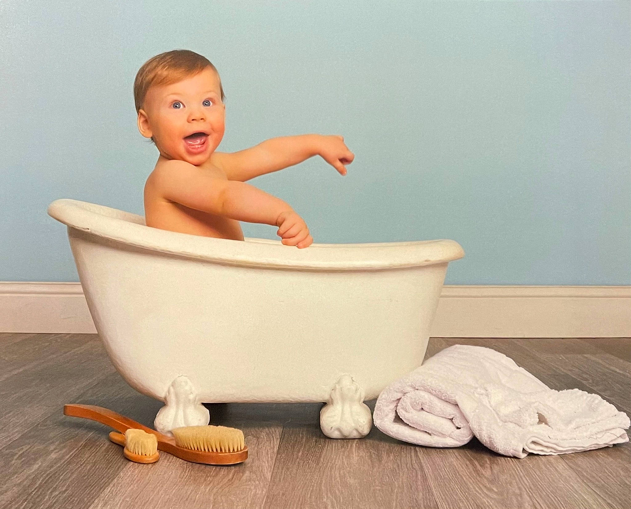 Beckham joined the competition — help win amazing prizes! arm, baby, baby_bathing, baby_products, baby_safety, barefoot, bathing, bathroom, bathtub, child, comfort, flooring, foot, happy, hardwood, person, plumbing, plumbing_fixture, smile, surprise
