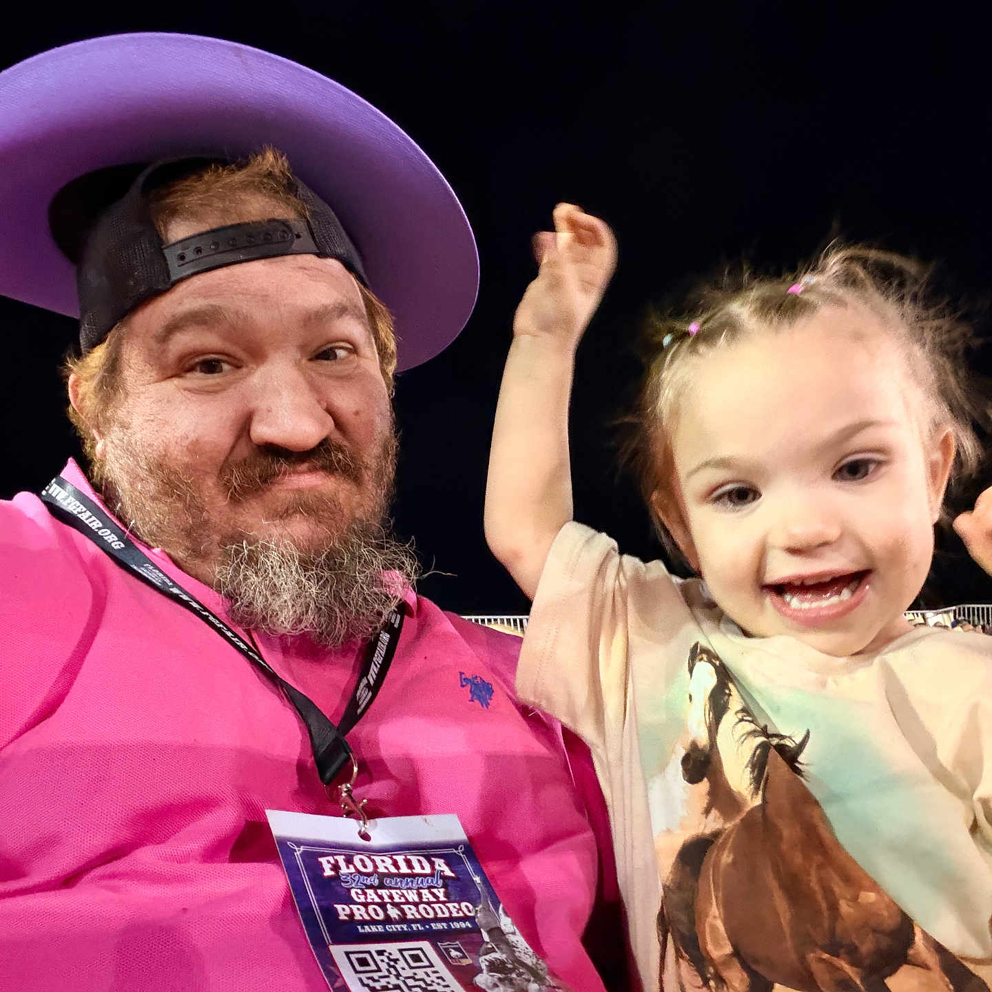 Blaire is registered to the contest to win money with this photo: child, man, hat, beard, vip_pass, shirt, horse, smile, night, selfie, happy, event, fun, people, portrait, outdoor, casual, celebration, family, accessory