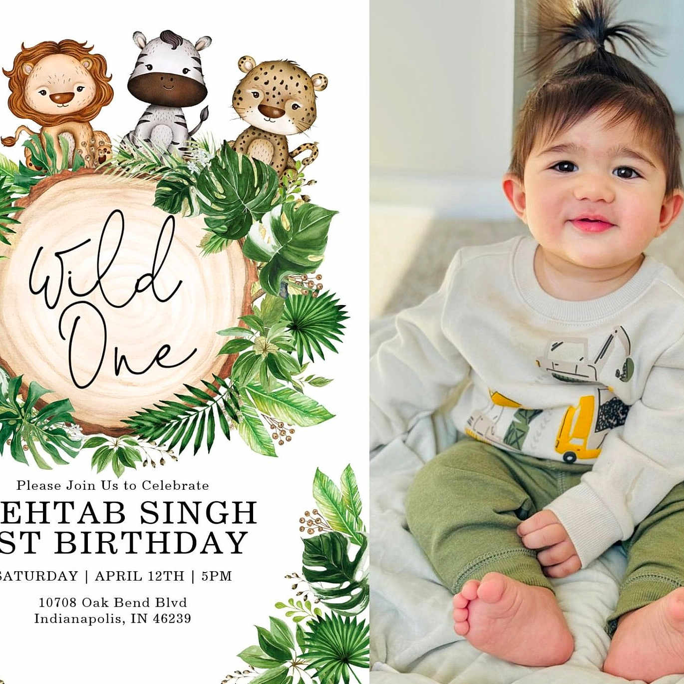 Mehtaab is registered to the contest to win money with this photo: baby, child, infant, birthday, invitation, cartoon_animals, giraffe, lion, zebra, leopard, plants, greenery, cushion, sweatshirt, pants, barefoot, topknot, smile, indoor, portrait