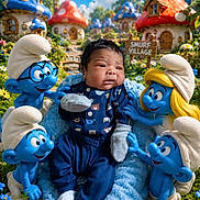 Adonis joined the competition — help win amazing prizes! baby, infant, child, smurfs, toys, cartoon_characters, blue_characters, mushroom_houses, fantasy_village, outdoor, garden, flowers, grass, blanket, sitting, portrait, baby_clothing, white_hat, colorful, smile