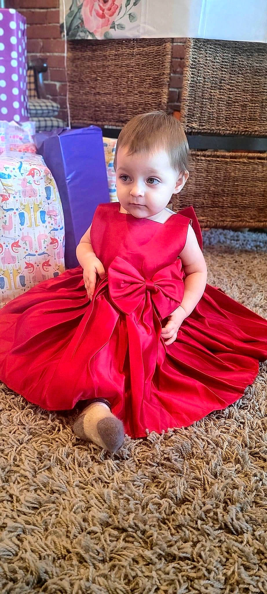 Emberlynn joined the competition — help win amazing prizes! baby_toddler_clothing, child, costume, dress, event, face, formal_wear, fun, grass, hair, happy, leisure, magenta, pattern, person, pink, shoulder, sitting, sleeve, textile