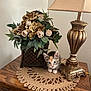 kitten, cat, calico, lamp, artificial_flowers, basket, wooden_table, doily, vintage, decor, indoor, pet, small, curious, animal, feline, cute, eyes, paws, home