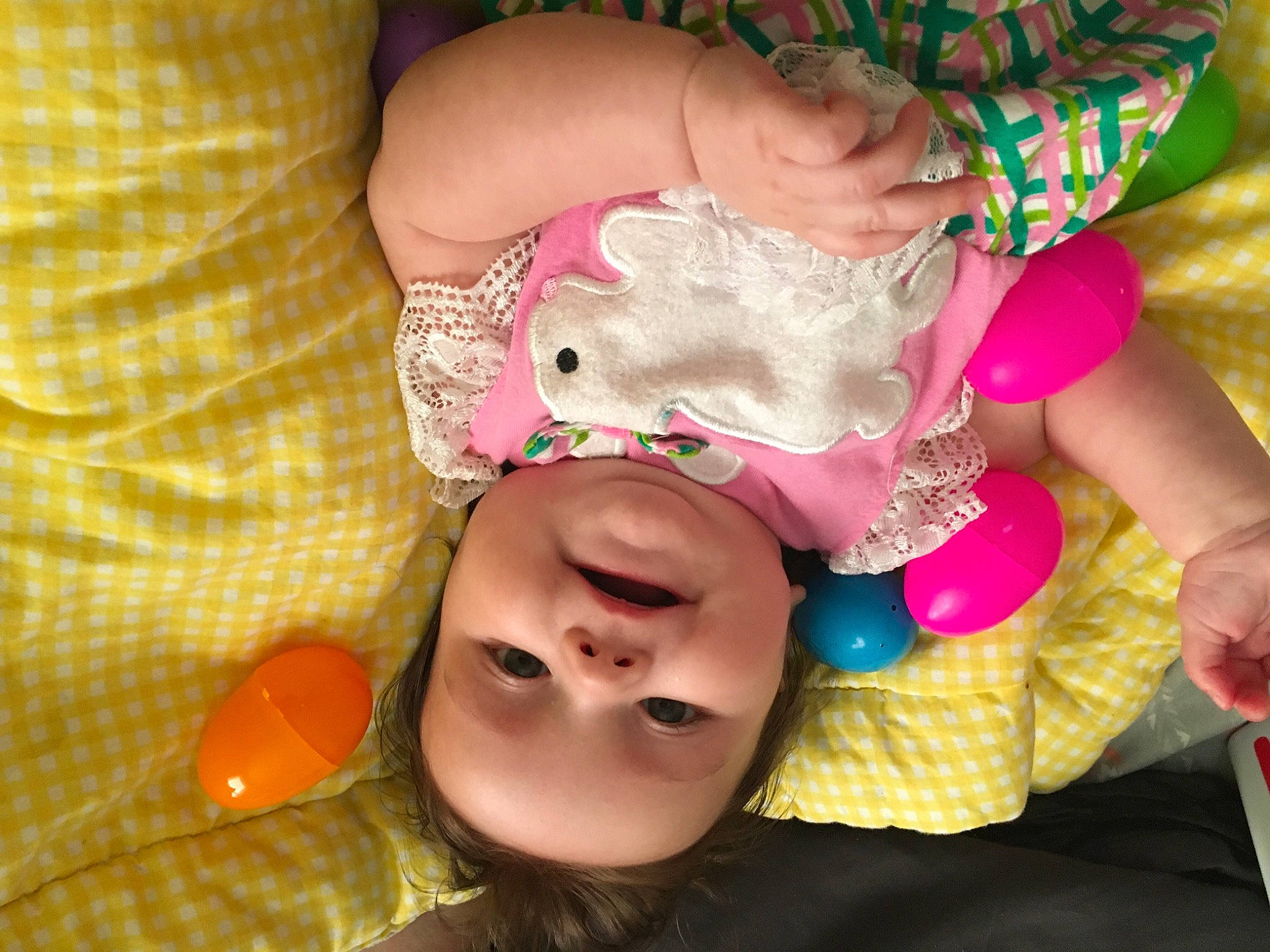 Kali joined the competition — help win amazing prizes! baby, baby_products, baby_toddler_clothing, cheek, child, facial_expression, fashion_accessory, finger, fun, gesture, green, happy, magenta, nail, pattern, person, pink, play, skin, thumb
