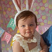 Isabella joined the competition — help win amazing prizes! toddler, child, bunny_ears, costume, white_dress, party, balloons, celebration, background, banner, pink, blue, pastel_colors, face, hands, indoor, cute, portrait, expression, festive