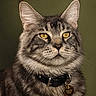Simon joined the competition — help win amazing prizes! cat, feline, long_hair, tabby, portrait, close_up, golden_eyes, whiskers, ears, fur, collar, tag, pet, animal, front_facing, serious_expression, studio_lighting, dark_background, symmetrical, photography
