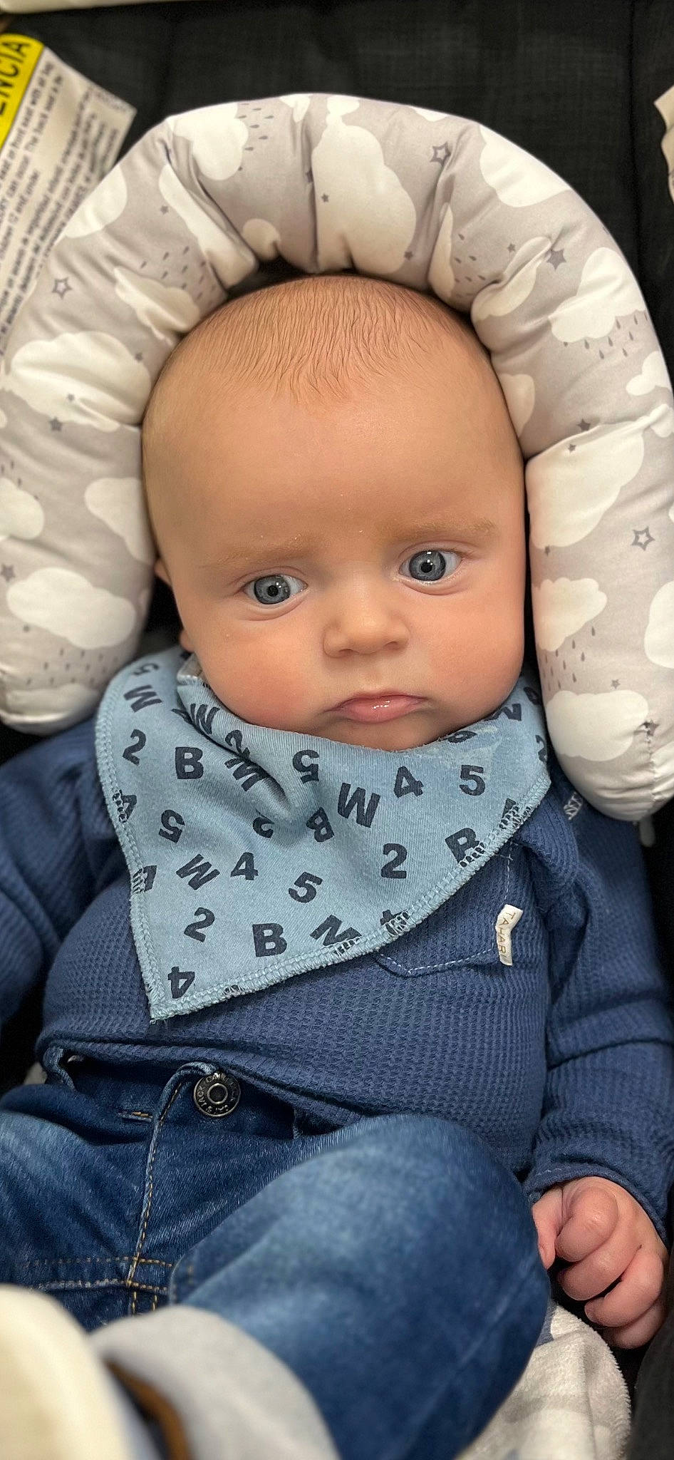 Jackson is registered to the contest to win money with this photo: baby, baby_products, baby_toddler_clothing, cheek, child, chin, collar, comfort, eye, eyebrow, iris, lip, mouth, nose, outerwear, pattern, person, skin, sleeve, textile