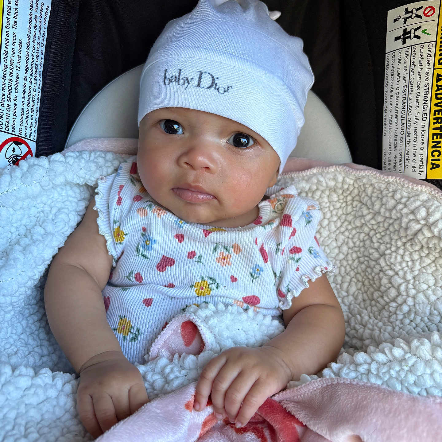 Calissi joined the competition — help win amazing prizes! baby, baby_dior, blanket, car_seat, child, clothing, cozy, cute, expression, eyes, face, hand, hat, indoor, infant, portrait, safety, sitting, soft, warm