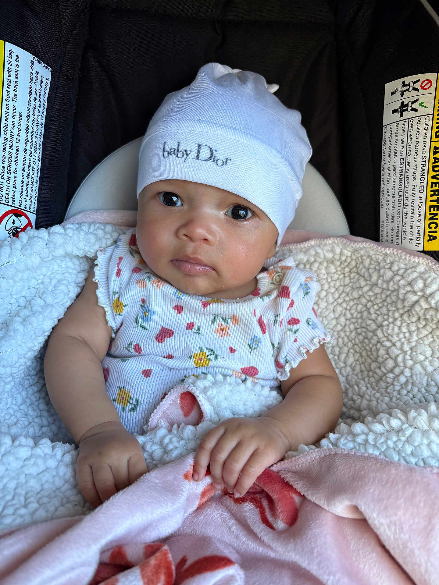 Calissi joined the competition — help win amazing prizes! baby, infant, car_seat, blanket, hat, clothing, face, eyes, hand, cute, child, baby_dior, sitting, portrait, cozy, warm, indoor, safety, soft, expression