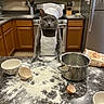 animal, apron, bag_of_flour, bowl, cat, chef_hat, countertop, eggshell, flour, funny, gray_cat, indoor, kitchen, kitchen_utensils, mess, pet, pot, refrigerator, stove, wooden_cabinets