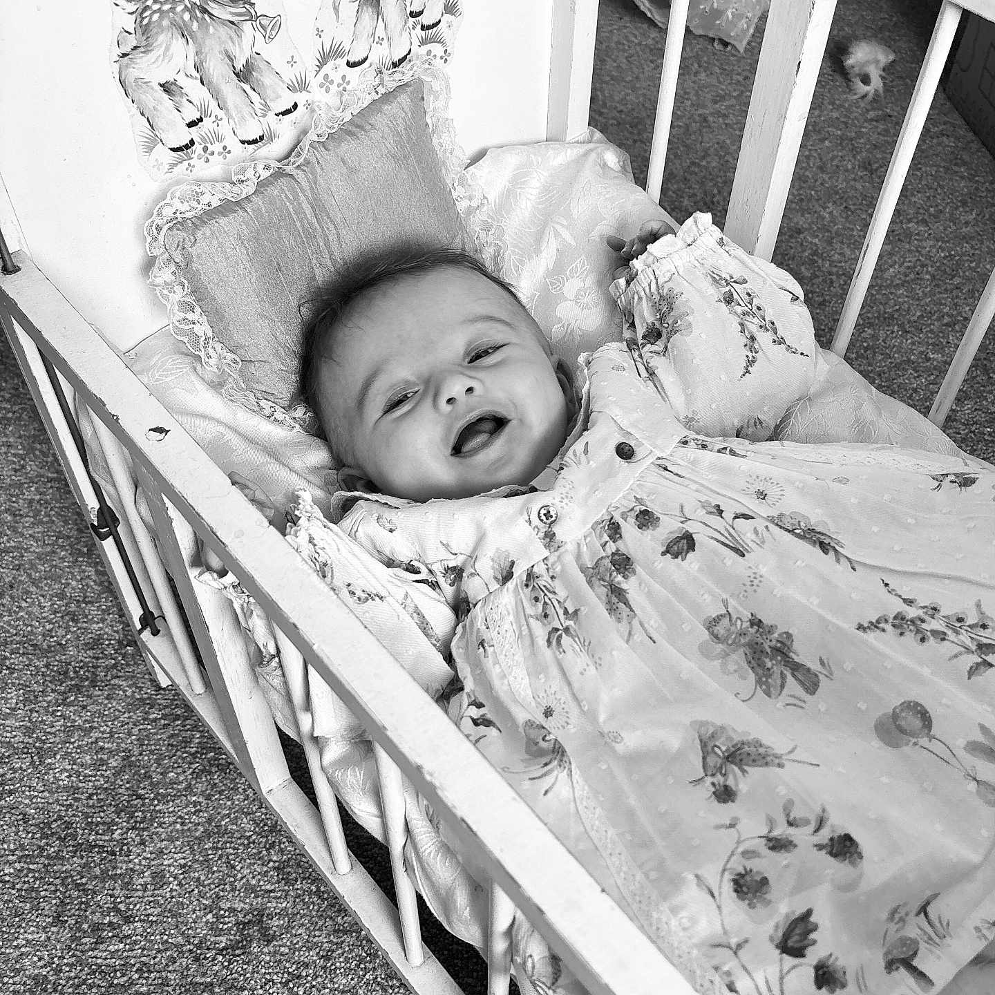 Ivy-Renée is registered to the contest to win money with this photo: baby, bedroom, carpet, child, clothing, crib, cute, deer, floral_dress, happiness, illustration, indoors, infant, person, pillow, portrait, resting, smiling, vintage, wooden_crib